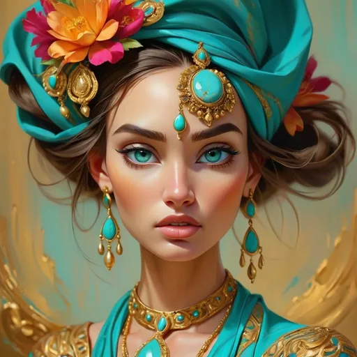 Prompt: <mymodel>Beautiful woman adorned in gold and turquoise, detailed facial features, oil painting, ornate jewelry, flowing garments, highres, vibrant colors, realistic, classic painting, warm lighting, elegant ambiance