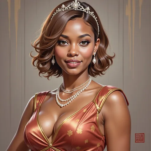 Prompt: <mymodel> a woman in a red dress with gold trimmings and a tiara on her head and shoulders, Chen Hong, fantasy art, highly detailed digital painting, a detailed painting