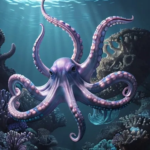 Prompt: Realistic underwater scene of an octopus with detailed, iridescent tentacles, shades of blue and purple, high quality, soft lighting, oceanic setting, detailed underwater environment, cool tones, detailed eyes, professional, atmospheric lighting