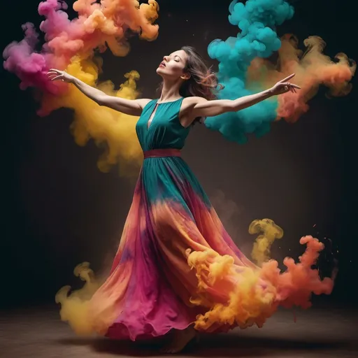 Prompt: a woman in a colorful dress is dancing with colored smoke behind her and her arms outstretched in the air, Alberto Seveso, art photography, affinity photo, an airbrush painting