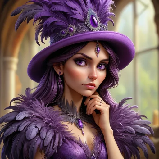 Prompt: a woman wearing a purple hat with feathers on it's head and a purple dress with a purple feathered dress, Anne Stokes, fantasy art, highly detailed digital painting, a detailed painting