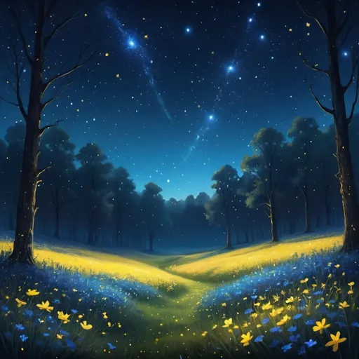 Prompt: A mesmerizing digital artwork depicting a peaceful, starlit night in a vibrant meadow. The scene is bathed in the soft glow of countless stars that dot the night sky, with a few shooting stars streaking across. The ground is covered with a carpet of blue and yellow flowers, their delicate petals glowing softly in the starlight. Tall trees stand along the edge of the meadow, their leaves catching the light, creating a gentle contrast between the darkened woods and the illuminated field. The sky is a deep blue, filled with clusters of stars and distant clouds, adding depth and wonder to the scene. The overall atmosphere is magical and serene, capturing the beauty of a quiet night in nature. Tags: digital art, night sky, stars, meadow, flowers, serene, nature, magical.