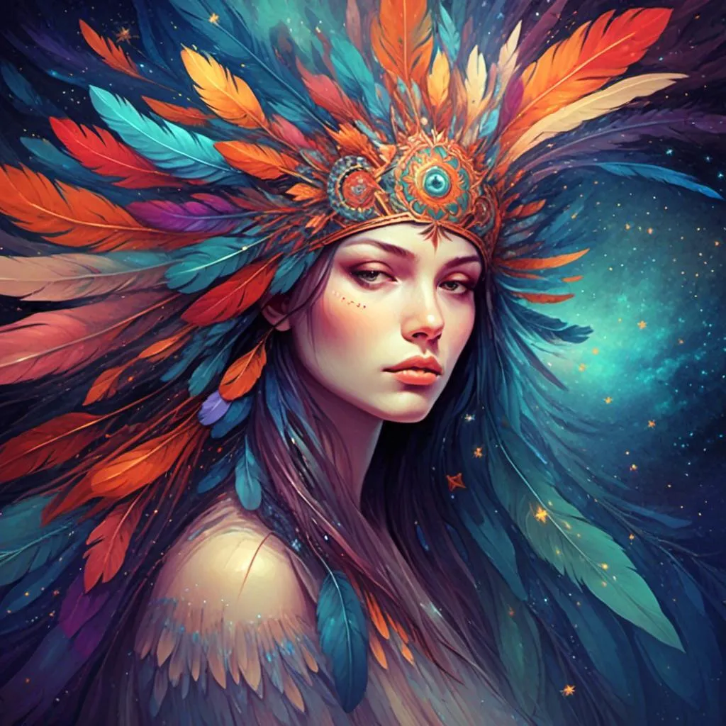 Prompt: <mymodel> a woman with a headdress and feathers on her head, with stars in the background and a star in the center, Anna Dittmann, fantasy art, highly detailed digital painting, a detailed painting