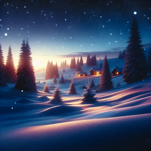 Prompt: (winter scene at dusk), soft snowfall, dimly lit sky on the horizon, cool blue and purple hues, glowing warm light from distant cabins, tall evergreen trees, serene ambiance, gentle shadows, quiet tranquility, high detail, ultra-detailed, cinematic lighting, chilly atmosphere, peaceful winter landscape.