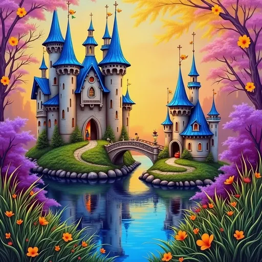 Prompt: Majestic towers rise into a bright, enchanting sky, their vibrant blue rooftops glistening in the soft golden light of a whimsical sunset. A fairy-tale castle, complete with intricate architecture and charming turrets, sits gracefully on a lush green island, surrounded by a serene, reflective river that mirrors the stunning hues of the atmosphere. A picturesque stone bridge arches over the water, connecting the castle's grounds to the verdant foliage that flourishes in shades of purple, orange, and green, infusing the scene with a magical aura. The overall ambiance radiates warmth and wonder, inviting viewers to lose themselves in this enchanting realm of fairy-tale beauty.