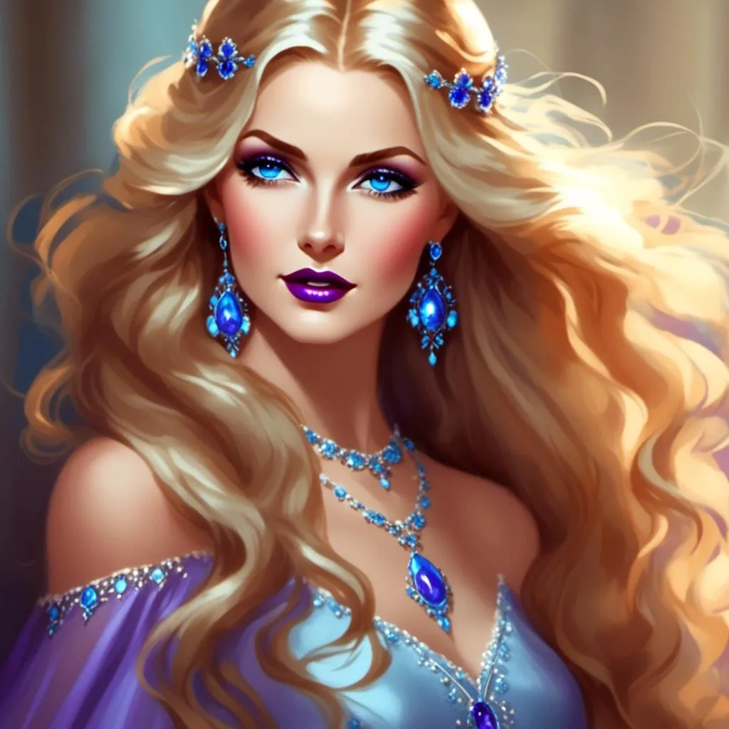 Prompt: <mymodel>Beautiful ethereal woman, long blonde hair,and icy blue eyes color, purple lipstick, facial closeup