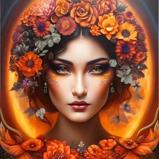 Prompt: Beautiful  hybrid woman with orange flowers sprouting from her, oil painting, detailed fiery eyes, ethereal glow, dark and mysterious, high quality, vibrant colors, surreal, haunting, intricate floral details, intense gaze, mystical atmosphere, oil painting, demon, hybrid, fiery eyes, ethereal, vibrant colors, surreal, haunting, floral details, intense gaze, mystical atmosphere