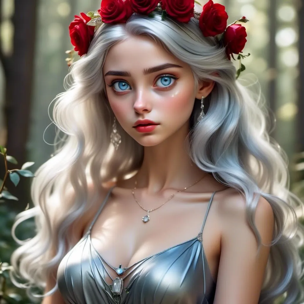 Prompt: <mymodel>Fairy tale, beautiful girl with white skin, (perfect face), light golden hair, blue pupils, red lips, forest style, mysterious, vintage fashion-dresses, with a transparent crystal crown on her head, the woman's body is so white Glows, (high detail) sitting on an oversized red rose, hyperdetail, ultra high definition.