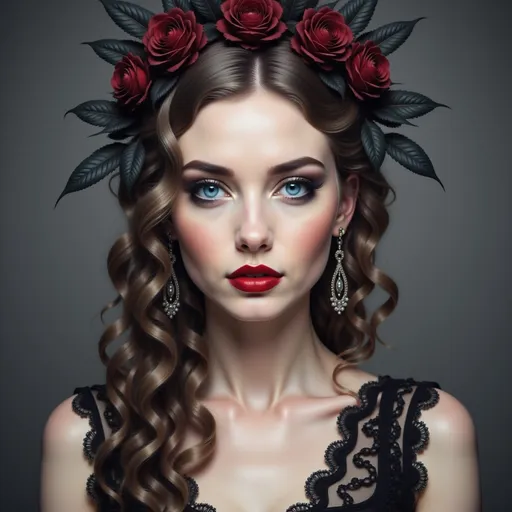 Prompt: a woman with blue eyes and a black dress with a red lip and a black dress with a black lace, Elina Karimova, gothic art, defined facial features, a character portrait