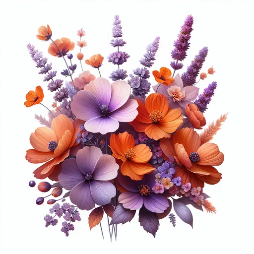 Prompt: A lavender and orange flower arrangement