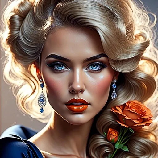 Prompt: <mymodel>Glamorously dressed 1930's lady, sapphire jewelry, blue eyes, vintage glam, luxurious satin gown, elegant updo hairstyle, detailed facial features, high-quality, vintage, glamorous, detailed sapphire jewelry, sophisticated makeup, atmospheric lighting, deep blue color tones, classic Hollywood style