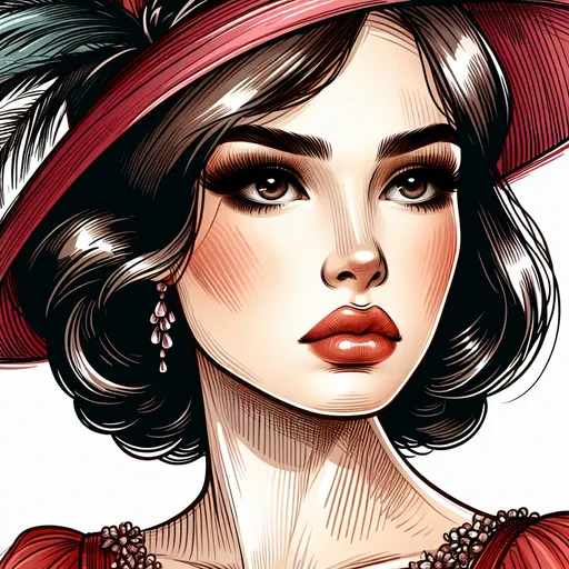 Prompt: <mymodel>fashionable 1st class  female passenger on the Titanic, pale skin, dark styled hair, large lips,  looking sad, facial closeup, vibrant colors, red dress and elaborate hat with feathers