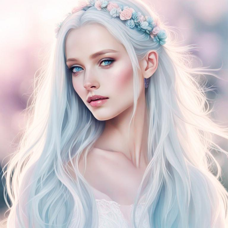 Prompt: A beautiful woman with long white hair., pretty flowers in her hair, blue eyes, pastel color palette