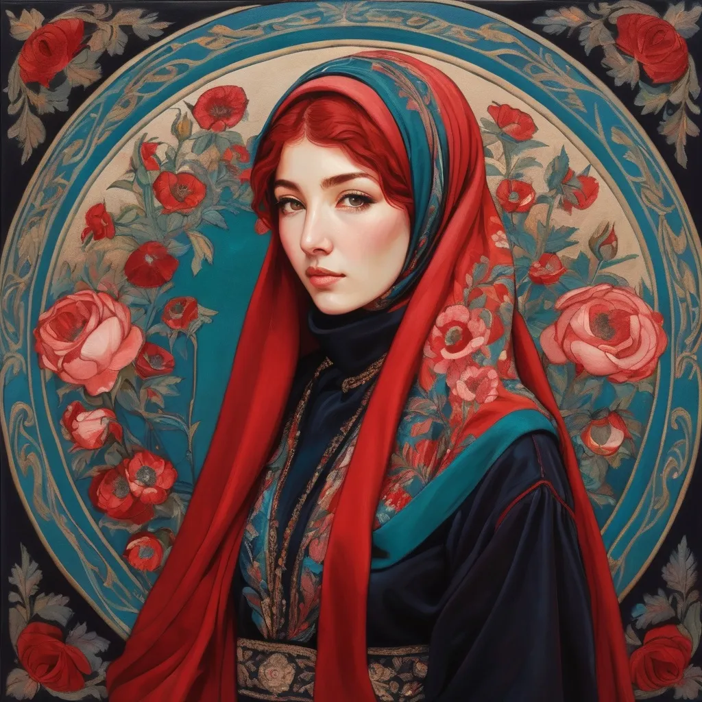 Prompt: a painting of a woman with red hair and a red head scarf with flowers on it, in a circle, Elina Karimova, qajar art, art nouveau fashion embroidered, a silk screen