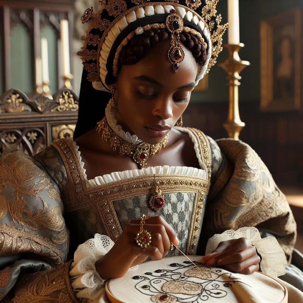 Prompt: Tudor era princess in a elaborate dress embroidering