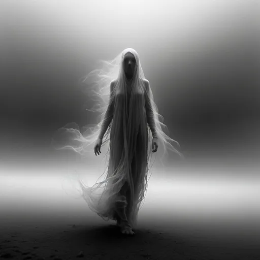 Prompt: Ethereal, haunting digital art of a spectral figure, wispy and translucent, floating in a misty, desolate landscape, monochromatic grayscale, eerie and surreal lighting, best quality, highres, ethereal, haunting, spectral figure, misty landscape, monochromatic, eerie lighting, surreal