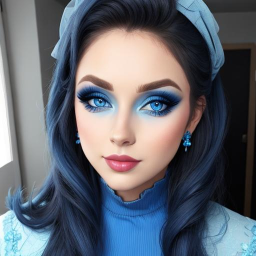 Prompt: A woman all in blue, blue eyes, pretty makeup