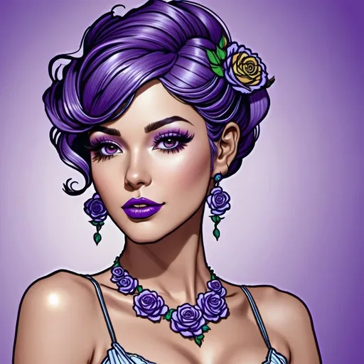 Prompt: Cosmic Epic Beauty, Beautiful and Gorgeous, purple roses in hair