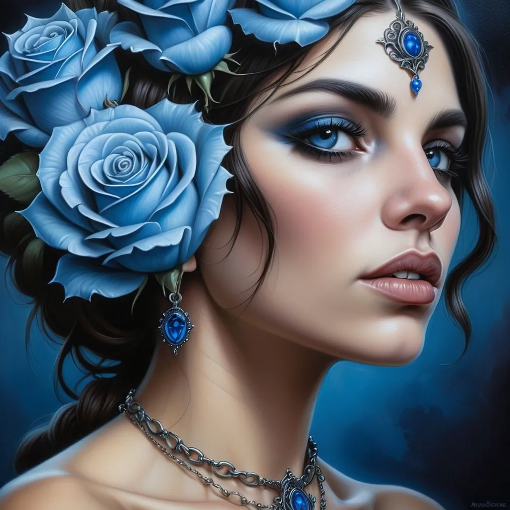 Prompt: a painting of a woman with blue roses in her hair and a necklace on her head, with a blue background, Anne Stokes, gothic art, highly detailed digital painting, a photorealistic painting