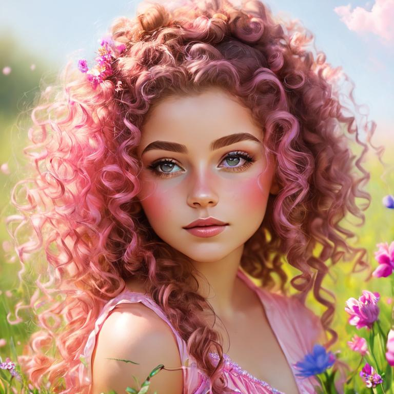 Prompt: a young fairy of spring, very curly hair, pink glow on cheeks,wildflowers, vivid colors, closeup