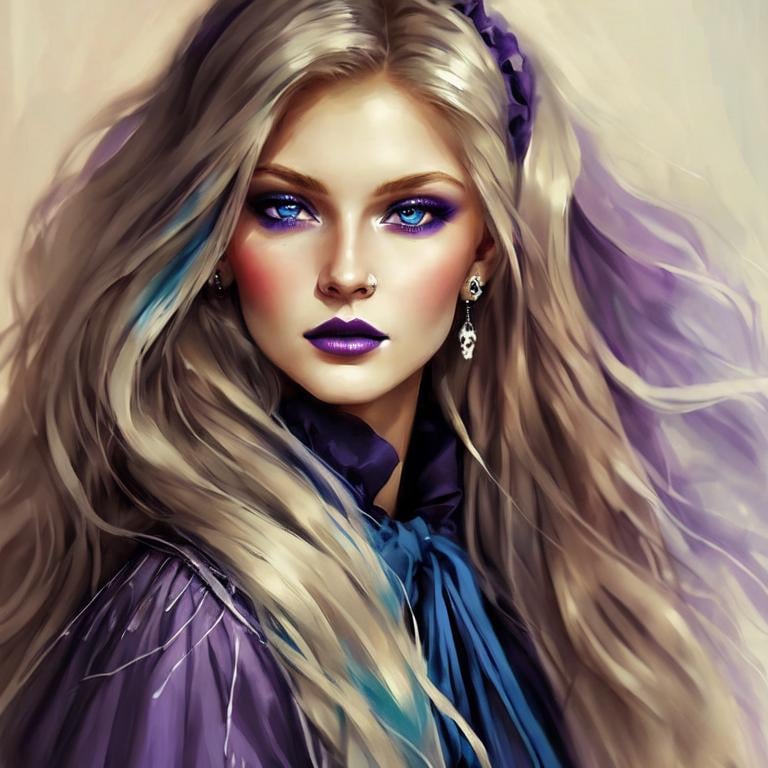 Prompt: <mymodel>Beautiful ethereal woman, long blonde hair,and icy blue eyes color, purple lipstick, facial closeup