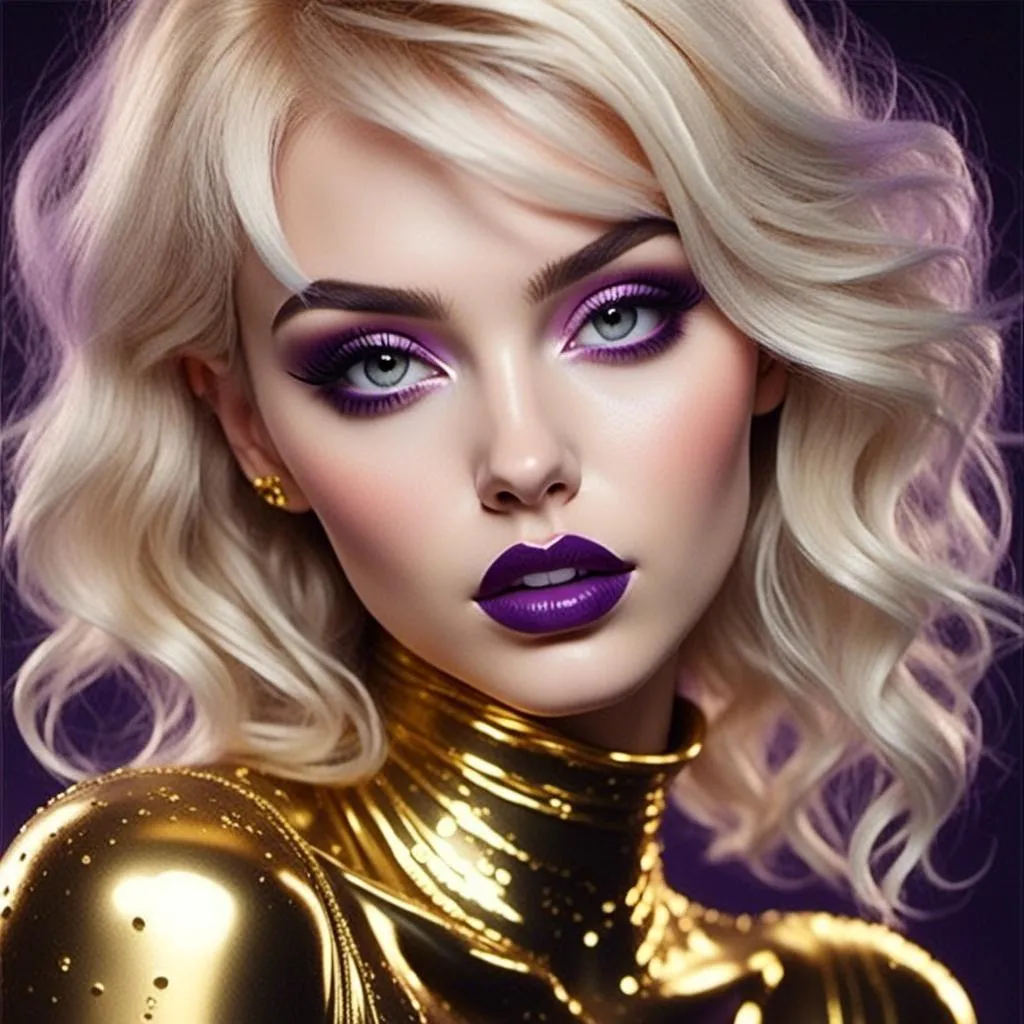 Prompt: <mymodel>Hypnotic bimbo  platinum  blonde   gold lips and purple eyeshadow 