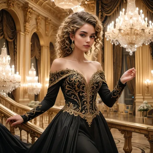Prompt: Elegantly poised in a lavish ballroom, a striking young woman commands attention in her stunning black gown adorned with intricate golden embroidery. Her voluminous, curly hair cascades gracefully, framing her face adorned with delicate earrings that sparkle under the glow of opulent chandeliers. The soft, warm lighting envelops the scene, accentuating the luxurious decor, with ornate pillars and rich drapery that hint at a grand celebration. As she gently lifts part of her flowing skirt, an aura of confidence and sophistication radiates, suggesting a narrative of elegance and grace in a high-society event. The overall ambiance is one of charm and allure, capturing a moment steeped in glamour.