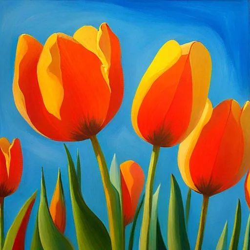Prompt: Painting of tulips in sunlight light blue sky
