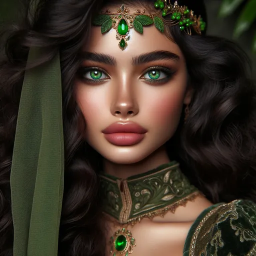 Prompt: The image depicts a strikingly beautiful young woman with a captivating presence. She has long, voluminous, dark curly hair adorned with a green headband that features delicate gold accents and leafy designs. Her vivid green eyes stand out, providing a mesmerizing contrast to her soft, glowing complexion. She has a subtle flush on her cheeks, giving her a healthy, vibrant look.

She is dressed in a green outfit that appears to be inspired by fantasy or medieval themes. The attire includes intricate gold details, adding to the ornate and regal appearance. She wears a green scarf around her neck, complemented by a statement necklace featuring a green gem and gold elements.