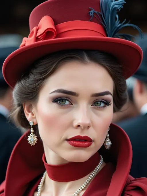 Prompt: fashionable 1st class  female passenger on the Titanic, pale skin, green eyes,  dark styled hair, large lips,  looking sad, facial closeup, vibrant colors, red dress and elaborate hat with feathers
