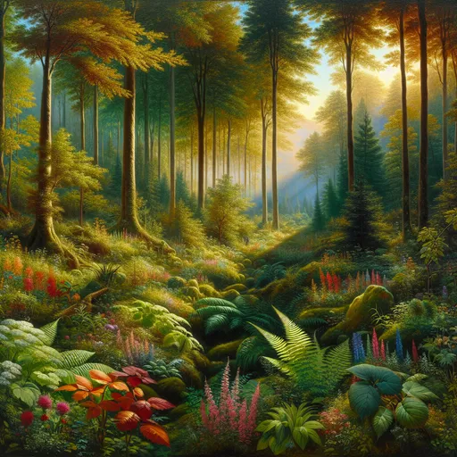 Prompt:  a forest with a sun shining through the trees and colorful  plants on the ground, with a green forest floor, Eyvind Earle, environmental art, forest, a detailed matte painting