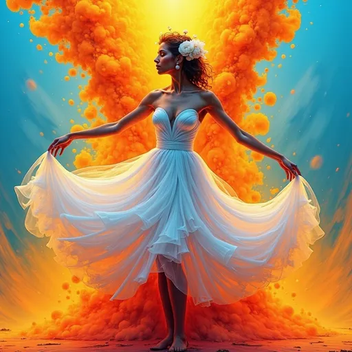 Prompt: a ballerina in a white dress is  made of orange and yellow smoke behind her and a blue sky behind her, Bastien Lecouffe-Deharme, figurative art, highly detailed digital painting, an ultrafine detailed painting