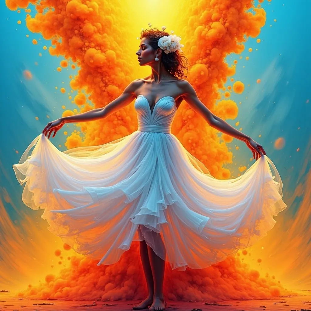 Prompt: a ballerina in a white dress is  made of orange and yellow smoke behind her and a blue sky behind her, Bastien Lecouffe-Deharme, figurative art, highly detailed digital painting, an ultrafine detailed painting