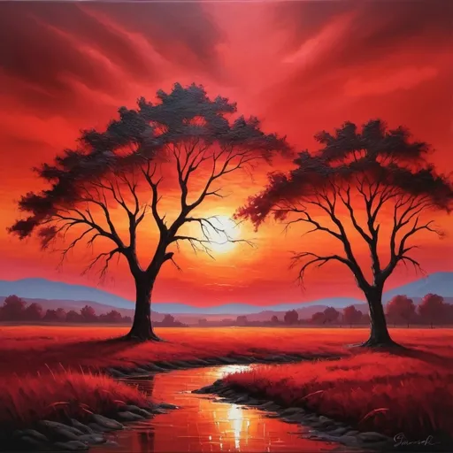 Prompt: Red sunset landscape, oil painting, vibrant colors, fine details, high-quality, realistic, warm tones, dramatic lighting, expansive horizon, silhouettes of trees, serene atmosphere