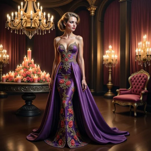Prompt: Bathed in a warm, ambient glow from the myriad candles that illuminate the luxurious room, a striking figure stands elegantly, wearing a richly designed gown in deep purple adorned with intricate floral patterns in vibrant colors. Her poised expression and sophisticated hairstyle complement the opulent setting filled with ornate details, including a grand chandelier overhead and lavish drapery that enhances the regal atmosphere. The polished wooden floor reflects the soft light, while the lavishly decorated table piled with candles and flowers serves as a captivating focal point, suggesting a glamorous and perhaps intimate gathering. The composition exudes a sense of elegance and timeless beauty, evoking a narrative steeped in luxury and celebration.