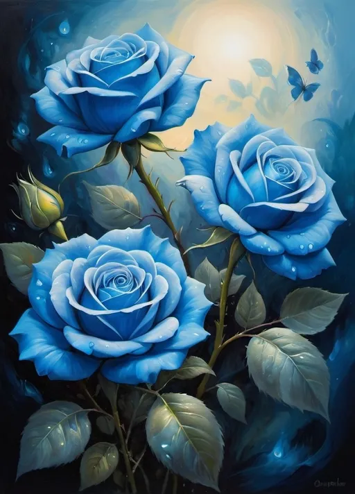 Prompt: Blue roses, surreal oil painting, dreamy atmosphere, high quality, detailed petals, fantasy, vibrant hues, ethereal lighting, mystical, magical, artistic, oil painting, dreamy, surreal, vibrant, high quality, detailed, fantasy, ethereal, mystical, magical, atmospheric lighting