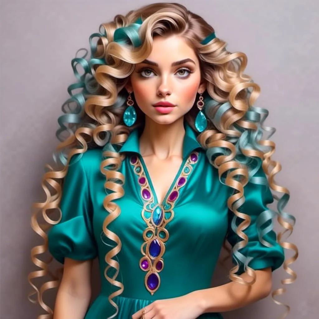 Prompt: <mymodel>A beautiful woman,long curly hair pinned back, adorned in colors of teal blue and magenta