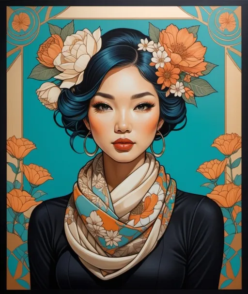 Prompt: a painting of a woman with a scarf around her neck and flowers around her neck,  Audrey Kawasaki, pop surrealism, tristan eaton, an art deco painting