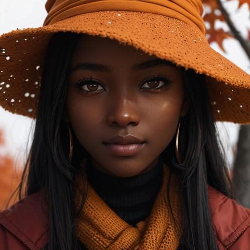 Prompt: Woman with dark skin, warm autumn colors, facial closeup