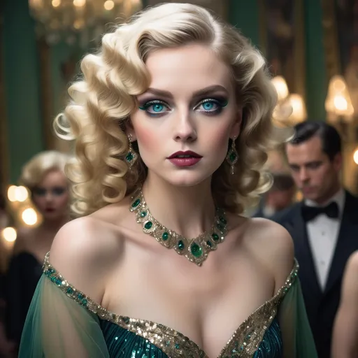 Prompt: Amidst a glitzy, vintage ballroom, a woman with strikingly large, expressive blue eyes and dramatic makeup captivates attention. Her elegantly styled blonde hair frames her face, flowing in soft curls, while she dons a beautifully detailed green gown adorned with sequins along the neckline, evoking a sense of old Hollywood glamour. The dimly lit background is populated by indistinct figures dressed in formal attire, suggesting a sophisticated social gathering, yet their blurred outlines allow her solemn expression to stand out prominently. The scene conveys a mix of beauty and melancholy, hinting at an underlying emotional complexity as she navigates the world around her, creating a sense of depth and intrigue in this enchanting moment.