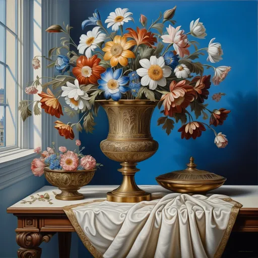 Prompt: a painting of a brass vase with flowers in it on a table top with a blue background and a white wall, Anton Graff, cloisonnism, highly detailed oil painting, a fine art painting