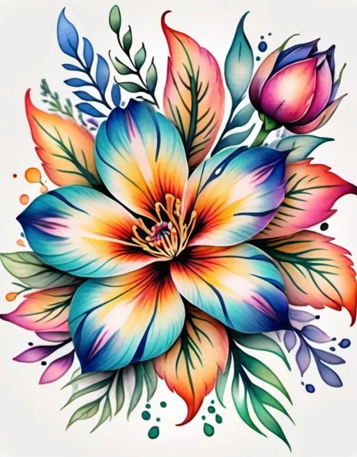 Prompt: Colorful flower tattoo, watercolor style, vibrant petals, intricate details, high quality, vibrant colors, floral design, professional tattoo art, artistic, beautiful, realistic, watercolor, detailed, highres, vibrant, intricate details, floral, professional, colorful, vibrant colors, watercolor style, artistic