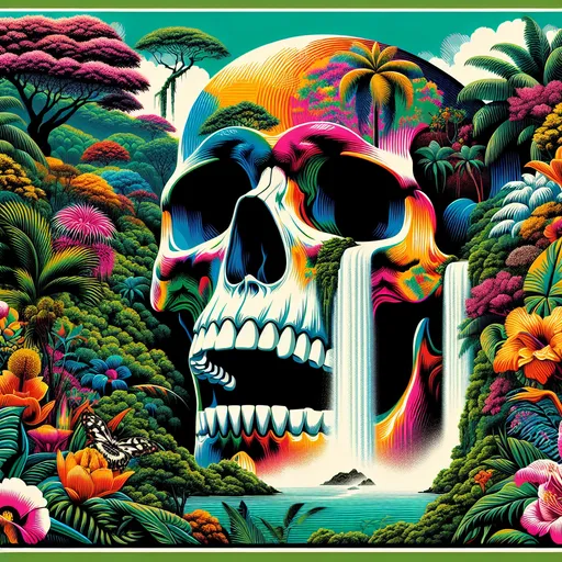 Prompt: <mymodel> a skull with a colorful face and a waterfall in the middle of a jungle area with palm trees and flowers, Chris LaBrooy, psychedelic art, tristan eaton, poster art