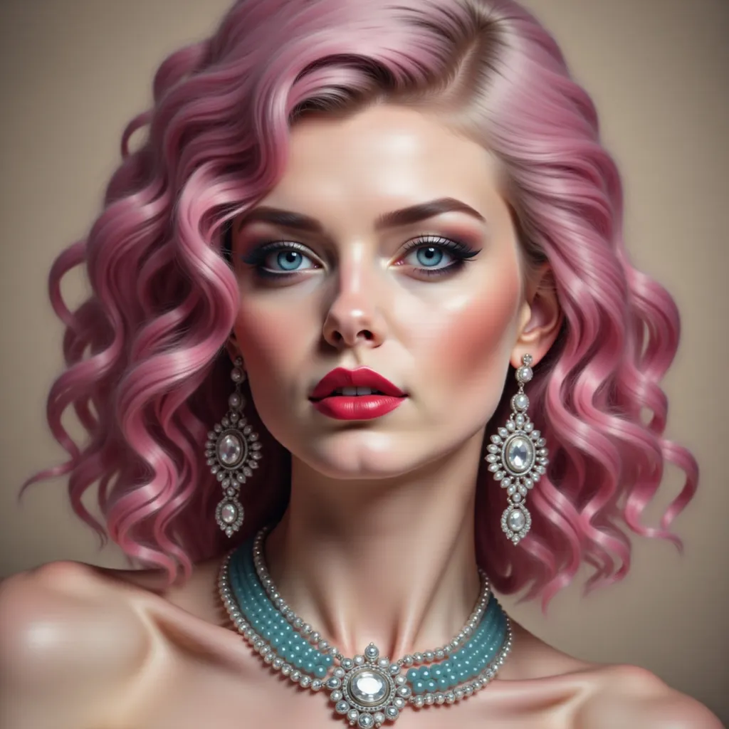 Prompt: a woman with pink hair and a necklace and earrings on her neck and chest, wearing a necklace and earrings, Edwin Georgi, photorealism, highly detailed digital painting, a photorealistic painting