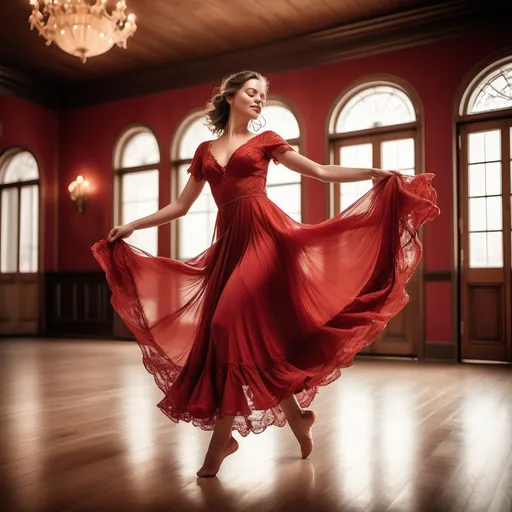 Prompt: beautiful woman in a flowing red dress adorned with delicate lace, exquisite dance hall setting, soft warm tones with gentle lighting, elegant wooden floor polished to shine, romantic ambiance filled with whispers of music, ultra-detailed, cinematic masterpiece, capturing grace and movement as she twirls gracefully in her dress, evoking joy and nostalgia.