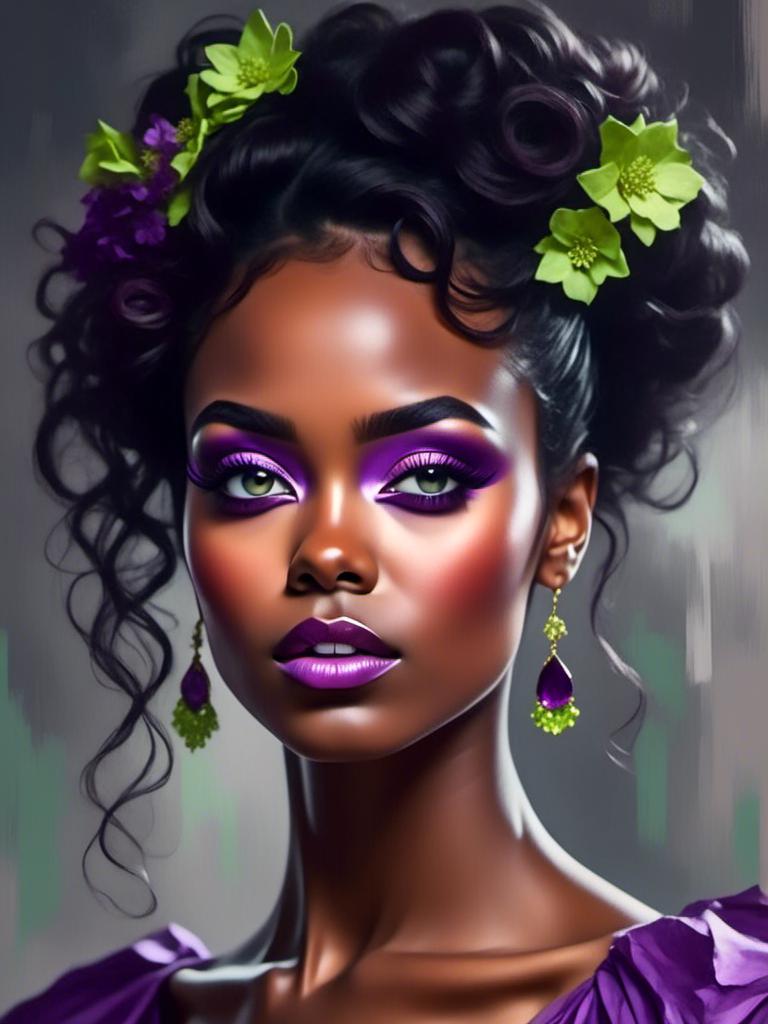 Prompt: A portrait of a beautiful black woman with colors of purple and lime green<mymodel>