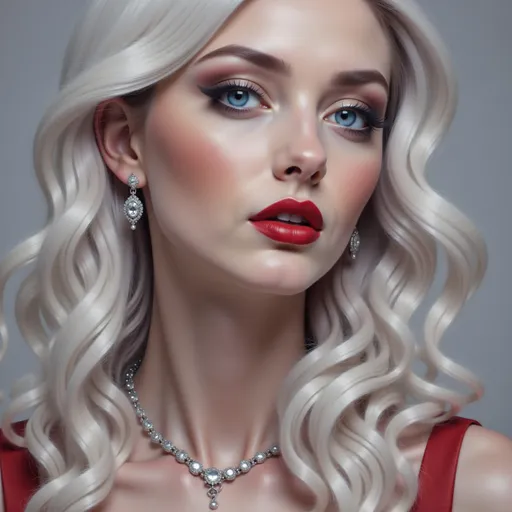 Prompt: a painting of a woman with long blonde hair wearing a red dress and a necklace with a diamond on it, Artgerm, figurative art, highly detailed digital painting, a photorealistic painting