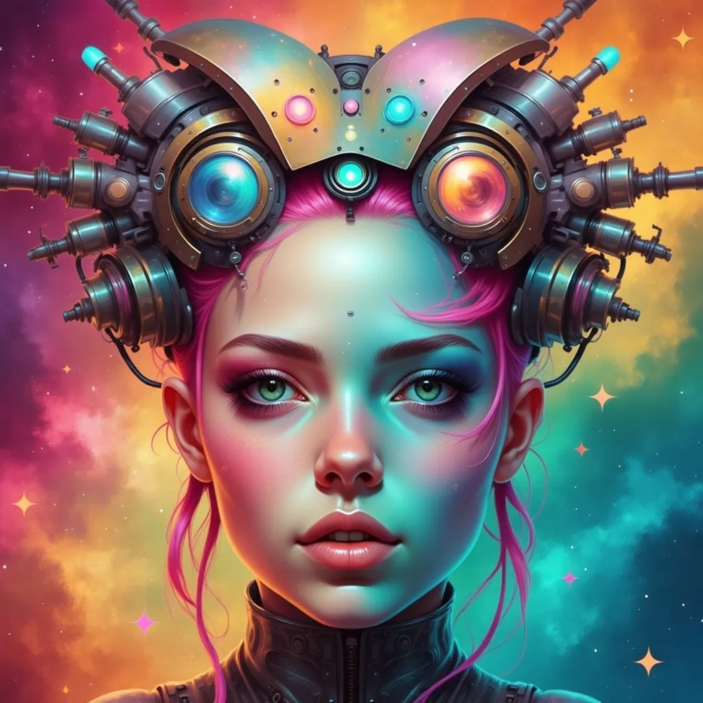 Prompt: a  cyborg woman with a weird hair and a colorful background is featured in this painting by artist marky k, Android Jones, afrofuturism, highly detailed digital painting, cyberpunk art