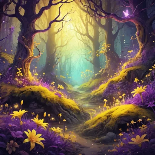 Prompt: Vibrant digital illustration of a mystical forest, vivid yellow and purple hues, magical glowing flowers, enchanting fairytale atmosphere, whimsical creatures, high-quality, highres, vibrant, digital art, fantasy, mystical, mystical forest, glowing flowers, enchanting, whimsical creatures, vibrant yellow and purple, magical, fairytale atmosphere