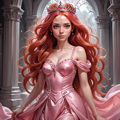 Prompt: a cartoon girl with long red hair and a pink dress with a tiara on her head and a pink dress with a pink dress on, Artgerm, fantasy art, rossdraws global illumination, an ultrafine detailed painting